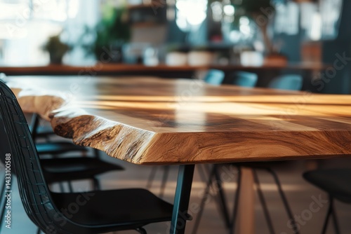 table and chairs in cafe ,Close-up shot of a wooden dining table in an elegant home, highlighting its natural beauty and unique texture, with a detailed focus on the wood grain patterns on one side.