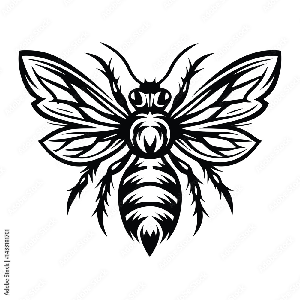 Fototapeta premium Isolated Monochrome Black and White of Bee Featuring Detailed Wing Design