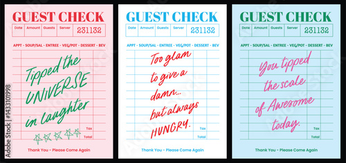 Playful fun restaurant quotes in a retro guest check receipt style. Perfect for wall art, posters, postcards, t-shirt graphics, banners, and travel or café-themed décor.