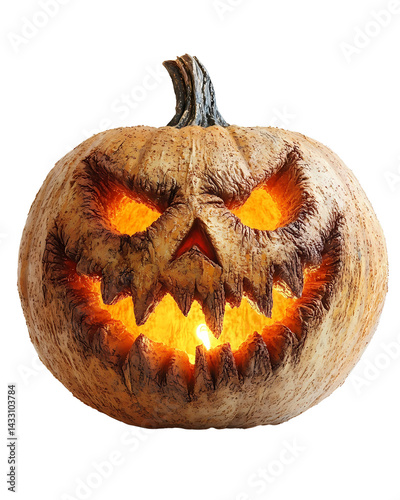A spooky Halloween pumpkin carved with a sinister face, glowing warmly from within, adding festive charm.
