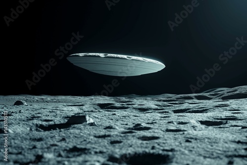 Ufo hovering over lunar surface at night with craters and shadows