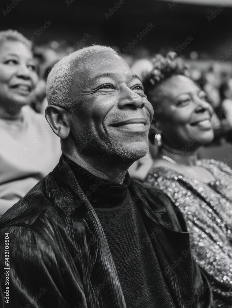 Naklejka premium Age-Defying Joy Vibrant Seniors Embracing Live Performance Culture - Intergenerational Entertainment Experience in Black and White Authenticity