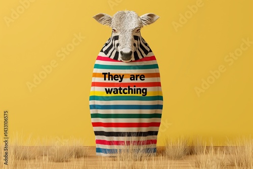 Zebra-cow hybrid with striped blanket and humorous message on yellow background