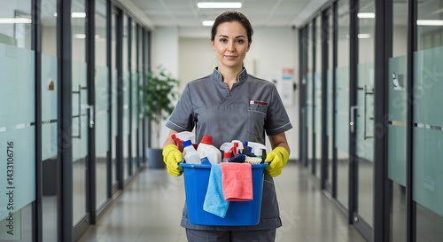 Professional cleaning service woman with equipment ready for cleaning in a modern office building