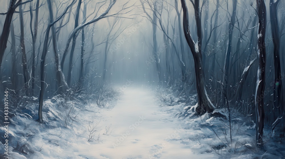 Naklejka premium Enchanted Winter Forest: Pale Light, Soft Snowfall, and Foggy Path.