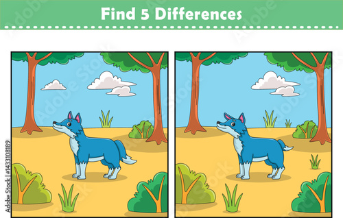 Funny cartoon wolf. Find 5 differences. Kids Education games. Cartoon vector illustration