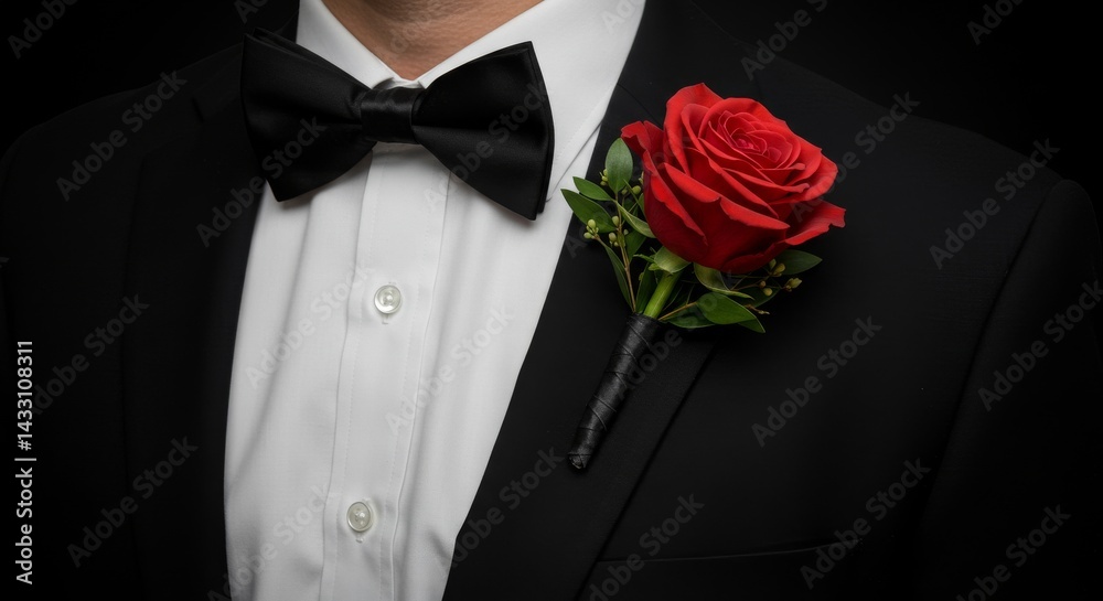 Classic tuxedo suit with red rose boutonniere and bowtie formal wear for wedding groom attire elegant style Classic tuxedo suit with red rose boutonniere and bowtie formal wear for wedding groom attire elegant style
