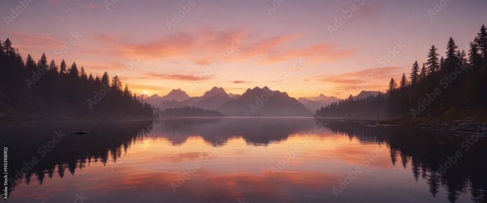 Fototapeta premium Mirror-like lake reflects a breathtaking sunset, still and peaceful , horizon, scene, dreamy