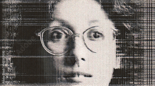 Obraz na płótnie Reflective Gaze: A close-up, intense portrayal of a person wearing eyeglasses, their eyes wide and focused, suggesting deep thought and introspection. w salonie