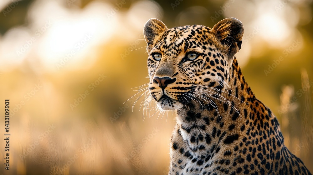 Obraz premium Majestic leopard resting in golden grass under soft sunlight in the wild