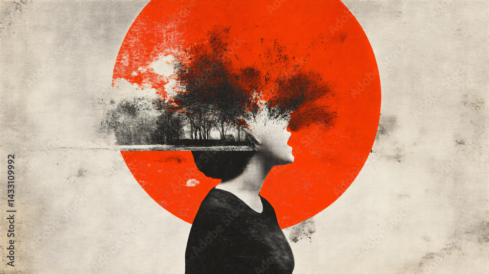 Inner Landscape: A surreal portrayal of a woman silhouetted against a crimson sun. The design merges natural elements with the human form, symbolizing the internal journey of mind, thought.