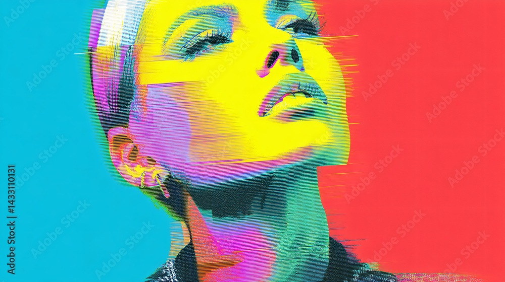 Bold and Vibrant Portrait: An artistic portrait, using a unique blend of vibrant color and innovative distortion techniques, displays the subject's face with dynamic flair.