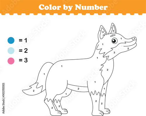 Color by numbers. Coloring page for kids. Coloring with cute wolf. Vector illustration