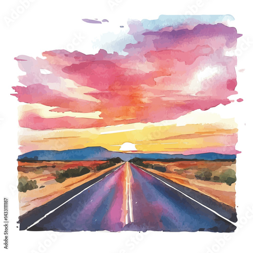 Sunset On An Open Highway, vector watercolor illustration, isolated on a white background.