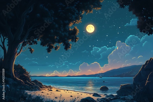 vibrate color landscape design of moon light night in river art and illustration