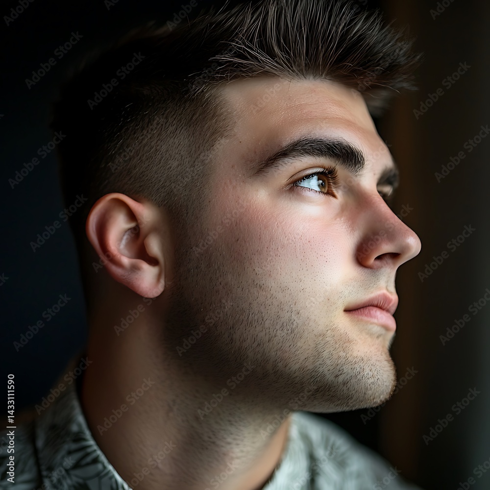 Obraz premium Man with a shaved face and a beard looking out of a window