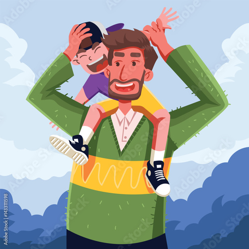 Happy Father Carrying Son on Shoulder Outdoors Laughing Together


