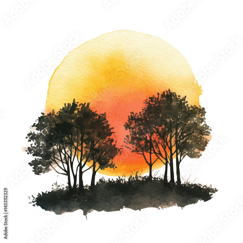 watercolor of Sunset Behind A Silhouette Of Trees, vector, isolated on a white background.