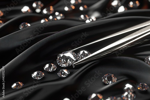 Diamonds on black fabric with tweezers