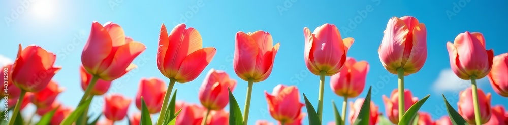 Beautiful tulip flowers in full bloom against the bright blue sky, close up shot, tulip, flower Beautiful tulip flowers in full bloom against the bright blue sky, close up shot, tulip, flower