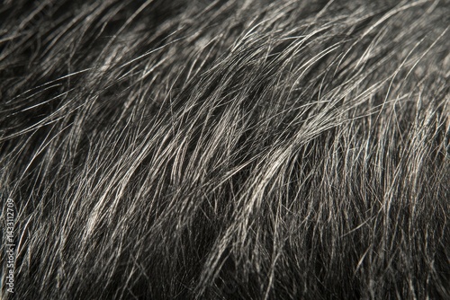 Close-up view of textured dark gray and black animal fur. photo