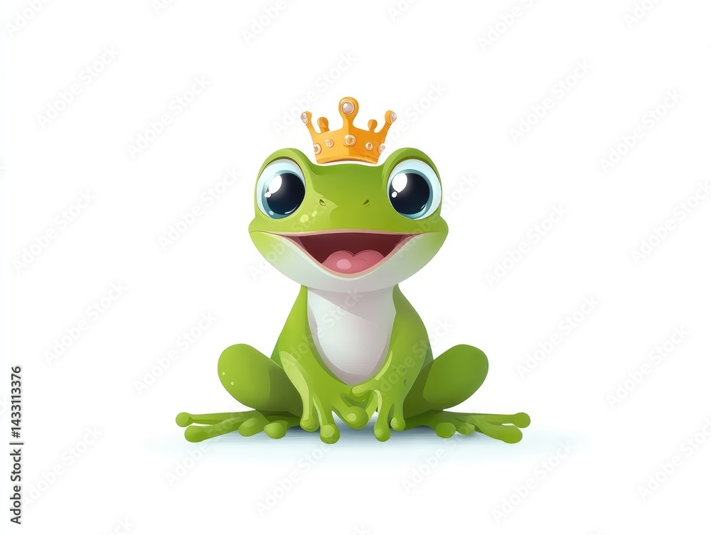 Cartoon frog with crown, happy expression, studio shot Cartoon frog with crown, happy expression, studio shot