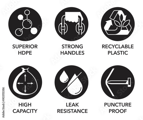 Plastic pack icons - HDPE, Strong handles, Recyclable. High capacity, Leak resistance, Puncture proof