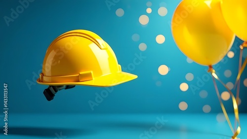Yellow construction helmet on a festive background with balloons. Builder's Day