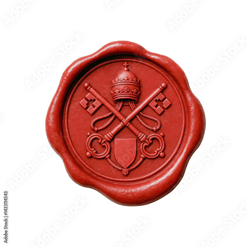 Red wax seal on transparent background featuring the crossed keys of St. Peter and papal tiara, symbolizing Vatican authority and Catholic tradition.