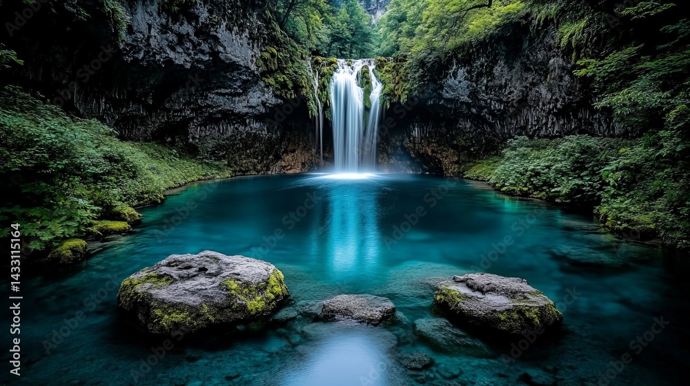 Fototapeta premium Serene Waterfall Cascading Over Rocks into a Turquoise River