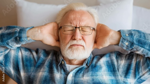Senior man covers ears, shutting out noise, experiencing annoyance, frustration, seeking peace and quiet, rest.