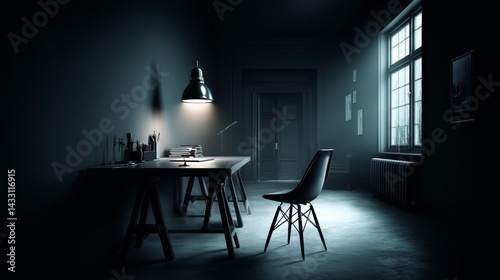 Minimalist home office design with a blank grey wall, a desk, chair, and lamp, illuminated by studio lighting. Simple, clean, and modern space, perfect for work, study, or content creation.