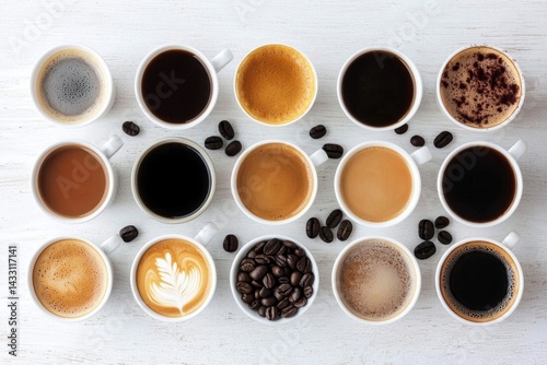 A beautiful collection of various coffee cups laid out in an artistic manner.