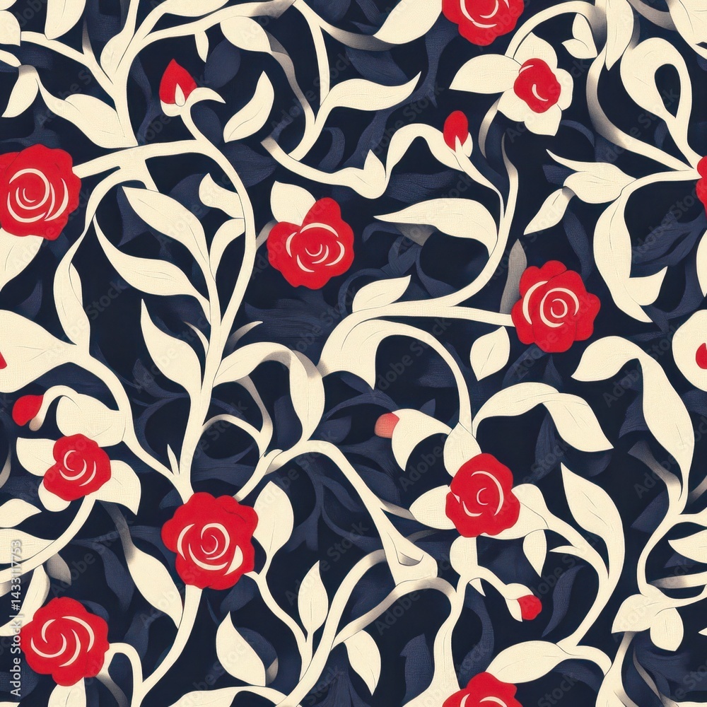 Fototapeta premium Elegant Floral Pattern with Red Roses and Cream Foliage on Dark Background.