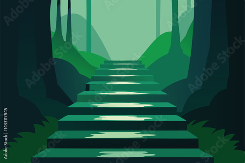 mossy stone steps in forest dripping rain .eps
