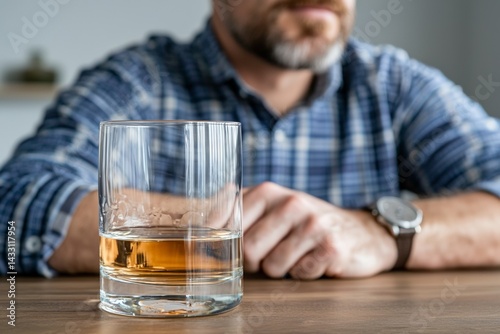 Caucasian male adult with whiskey glass reflecting thoughtful mood