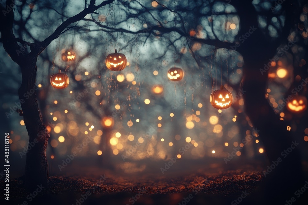 Obraz premium Mystical Forest with Glowing Pumpkin Lanterns and Twinkling Lights.
