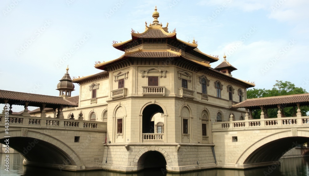 Fototapeta premium Asian bridge over water, ornate
