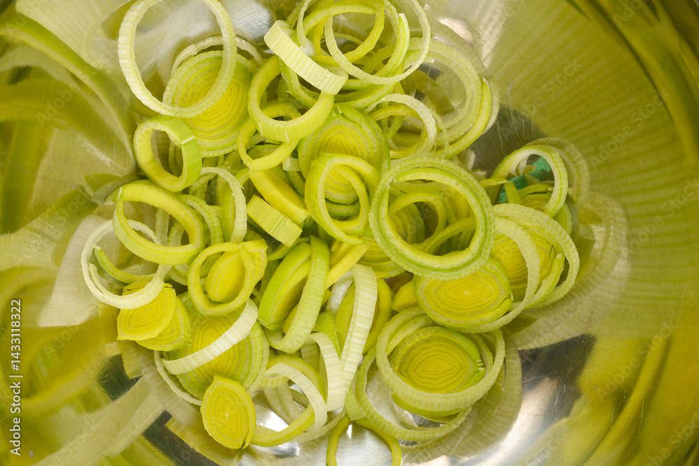 Sliced light green and white leeks fill a metallic bowl, showcasing their circular rings and layers