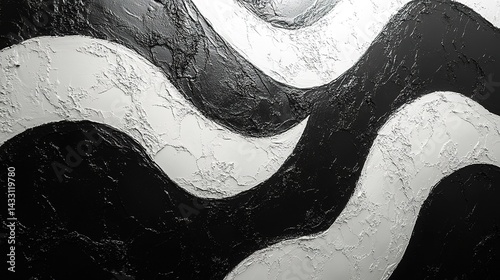 Textured Black and White Abstract Painting with Wavy Lines