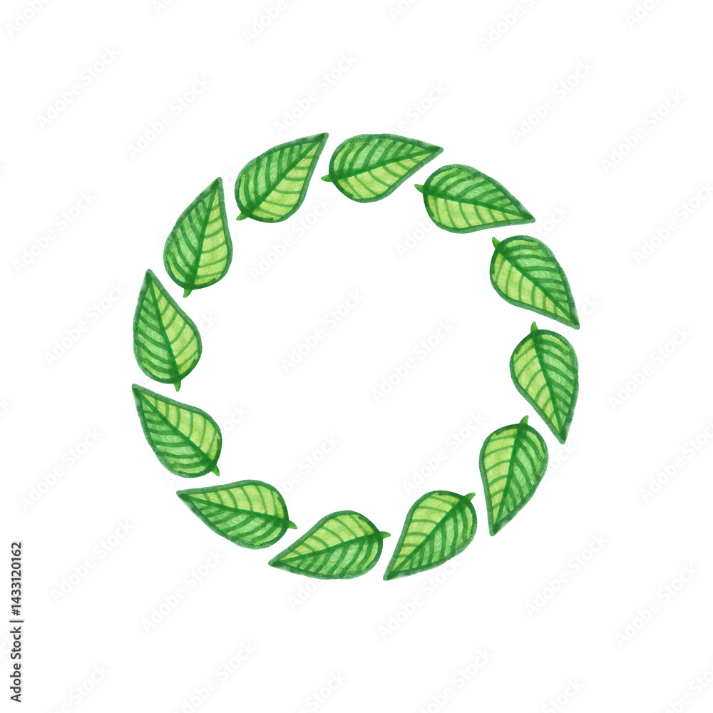 Round frame of green watercolor leaves. Watercolor decorative element.