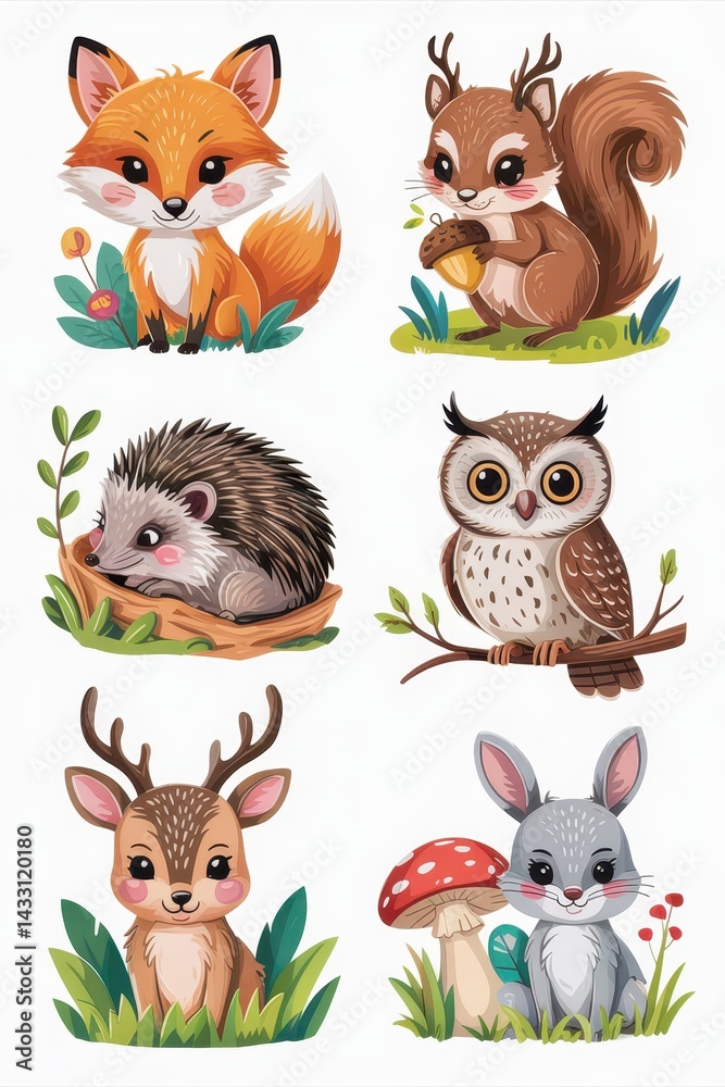 Naklejka premium Colorful woodland creatures in a playful design.