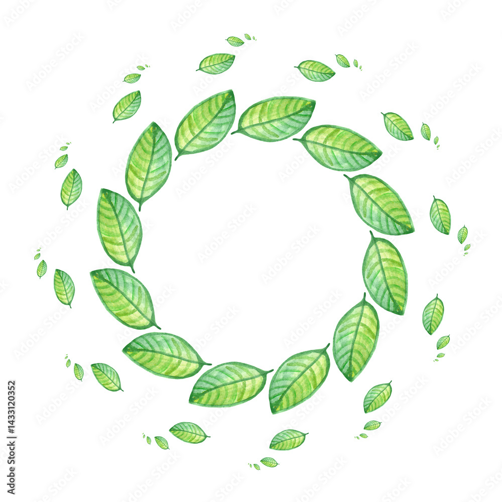 Round frame of green watercolor leaves. Watercolor decorative element.