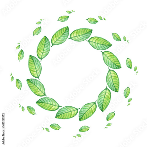 Obraz na płótnie Round frame of green watercolor leaves. Watercolor decorative element. w salonie