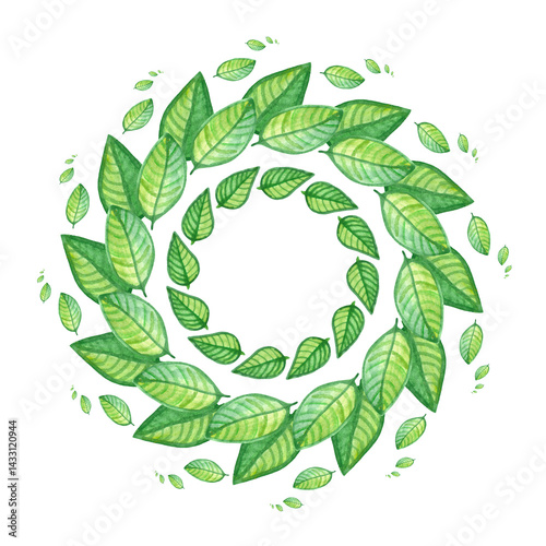 Round frame of green watercolor leaves. Watercolor decorative element.