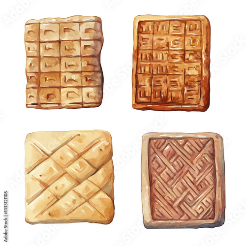 Sumerian Clay Tablets, vector watercolor illustration, isolated on a white background.