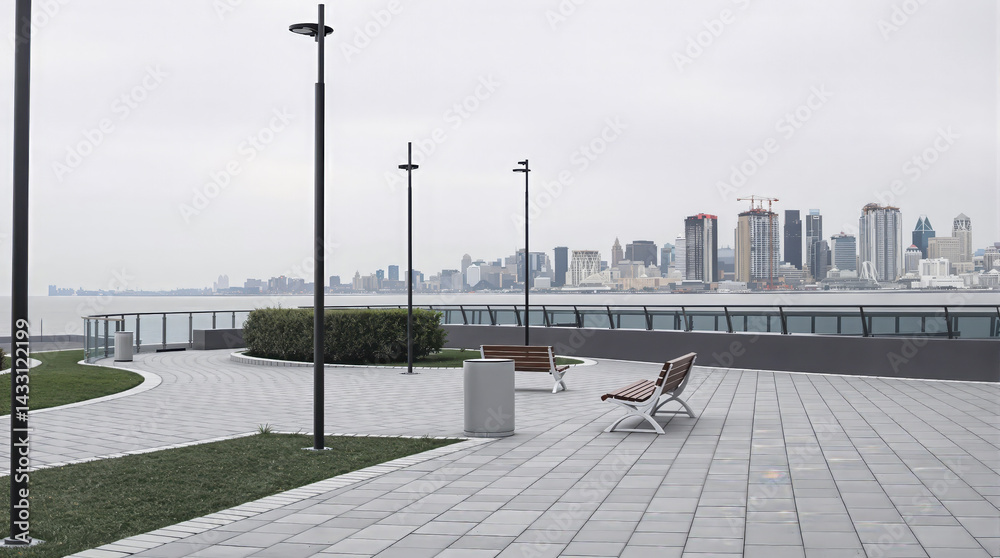 Obraz premium two wooden benches overlooking a cityscape on a calm day