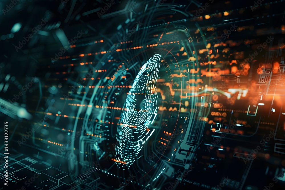 Obraz premium futuristic representation of fingerprint verification. The glowing fingerprint is displayed in a circular digital interface