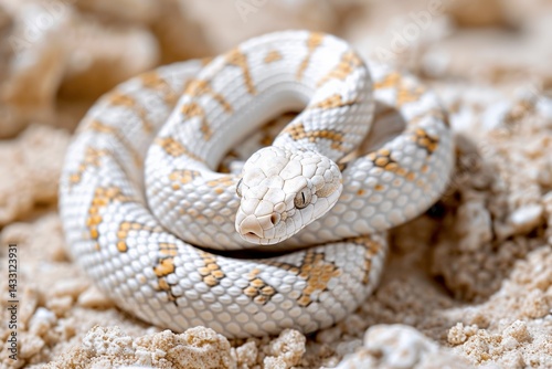 Close-up of coiled albino snake on sandy surface in natural habitat
