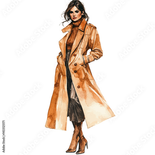 illustration of Stylish Woman In A Long Trench Coat, watercolor vector, isolated on a white background.
